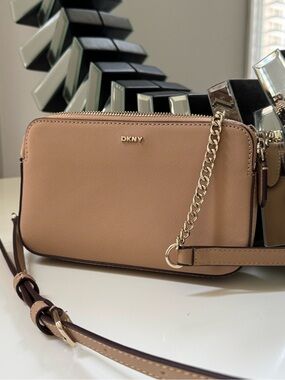 DKNY Beige Tan Crossbody with Gold Chain Accent